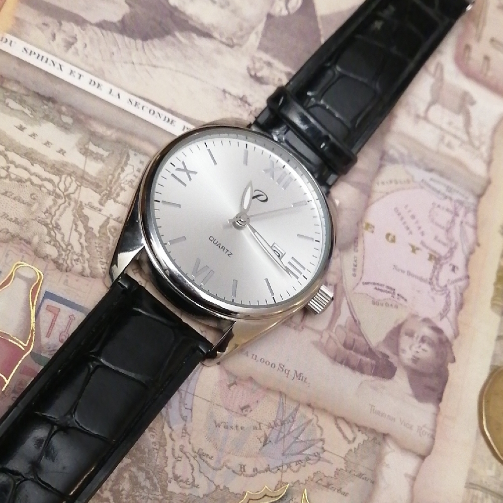 Silver Dial Black Faux Leather Large Unisex Watch By P, Has Battery